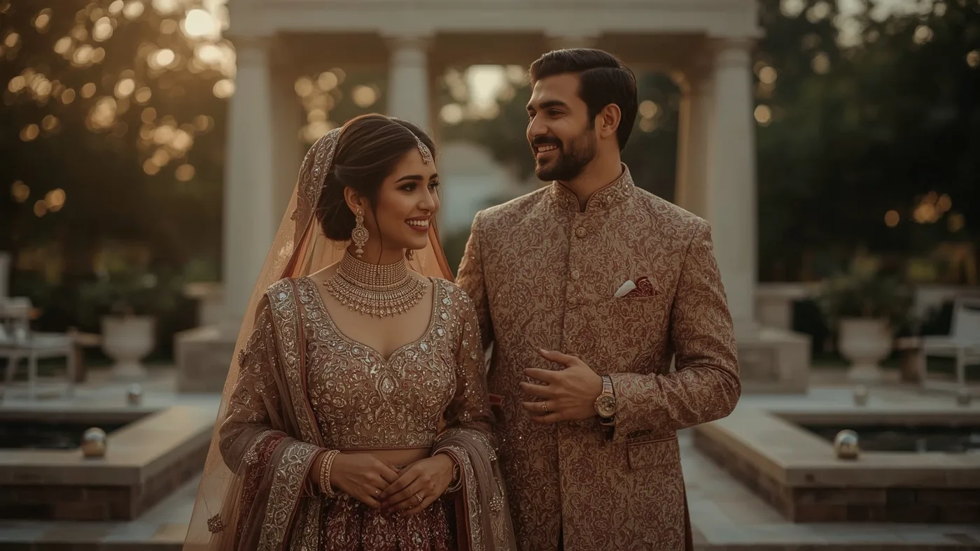 North Indian wedding celebration with couple in traditional attire